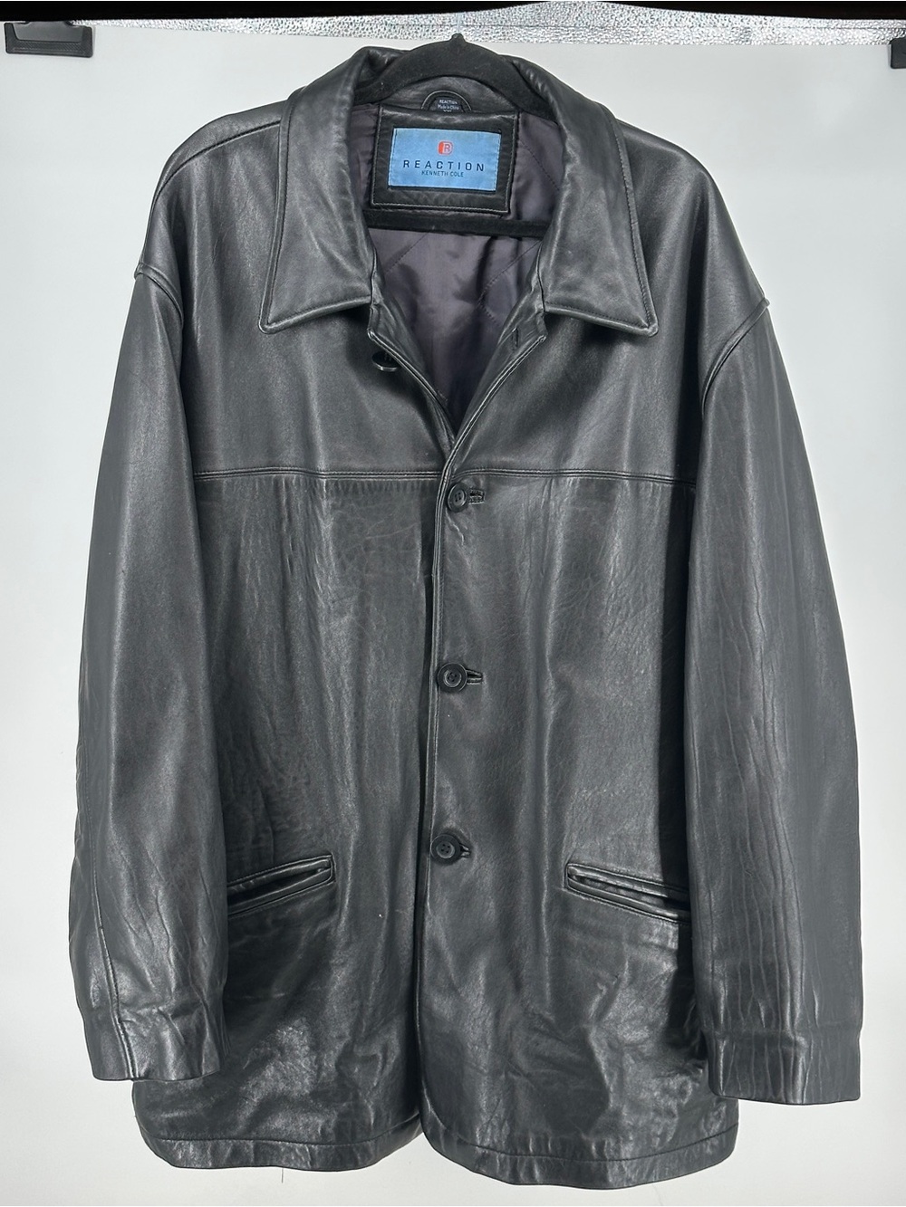 Vintage 90’s Kenneth Cole Reaction Men's XXL Black Leather Button-Up Coat Y2K
